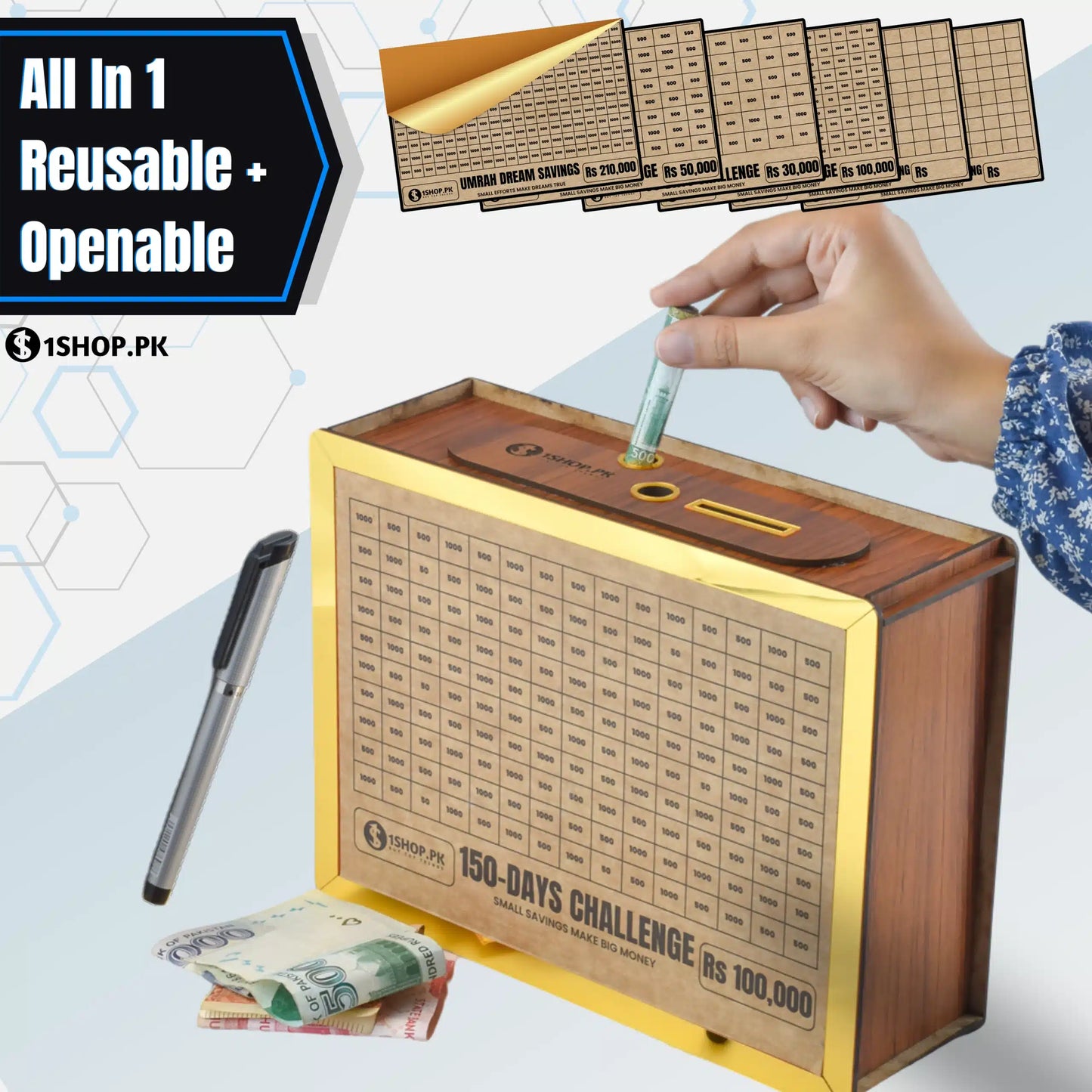 All in 1 – Reusable Wooden Money Saving Box (Openable)