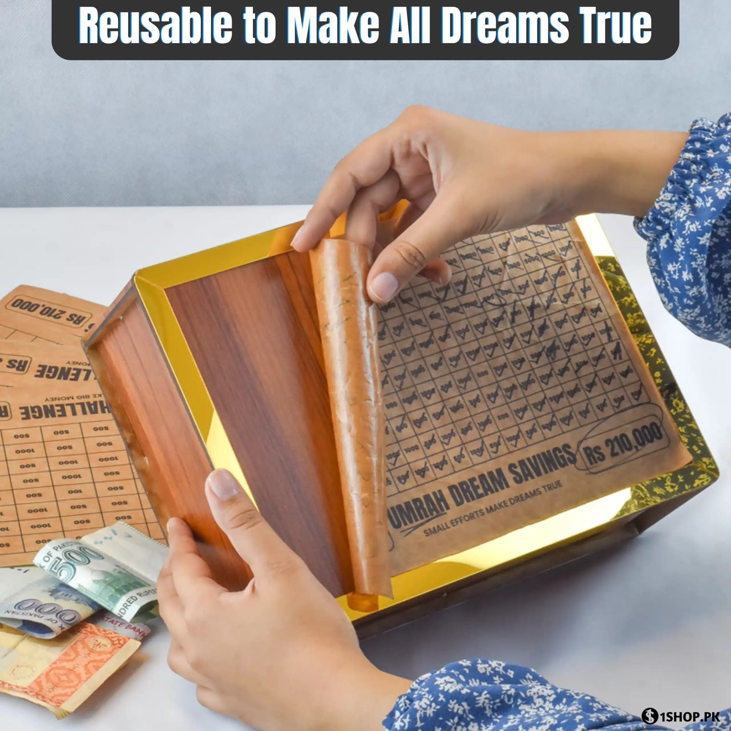 All in 1 – Reusable Wooden Money Saving Box (Openable)